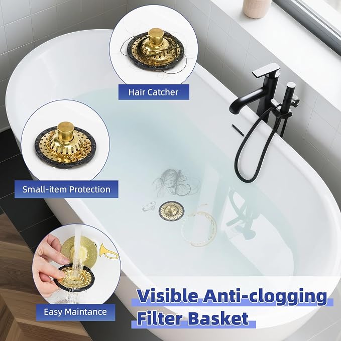 Universal Bathtub Drain Stopper Shower Drain Hair Catcher, Tub Stopper with Visible Top Strainer, Upgraded 3 in 1 Pop-up Drain Plug Fit for 1.5 to 2.4" Hole, Stainless Filter Basket, Brushed Gold