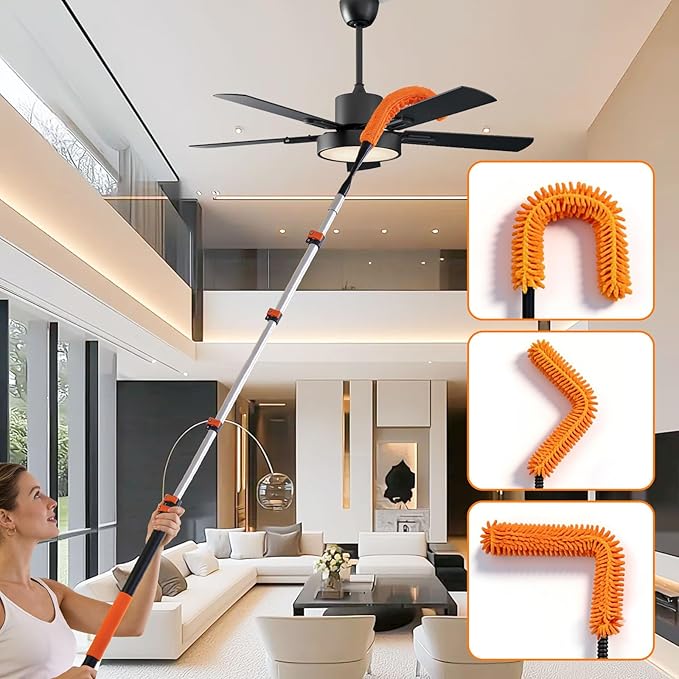 30FT High Reach Duster Kits with Dual Action Flip-Lock & Screw Fixing Design, 5-24FT Extension Pole, Cobweb Duster, Washable Ceiling Fan Cleaner & Window Squeegee for Glass & High Roof