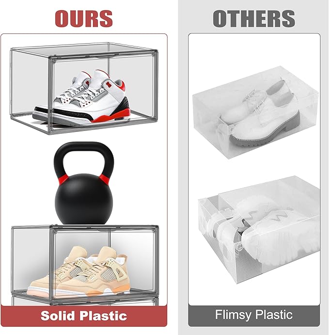 4 Pack Grey Shoe Storage Boxes Clear Plastic Stackable Shoe Display Case with Magnetic Door, Easy Assembly Fit up to US Size 13
