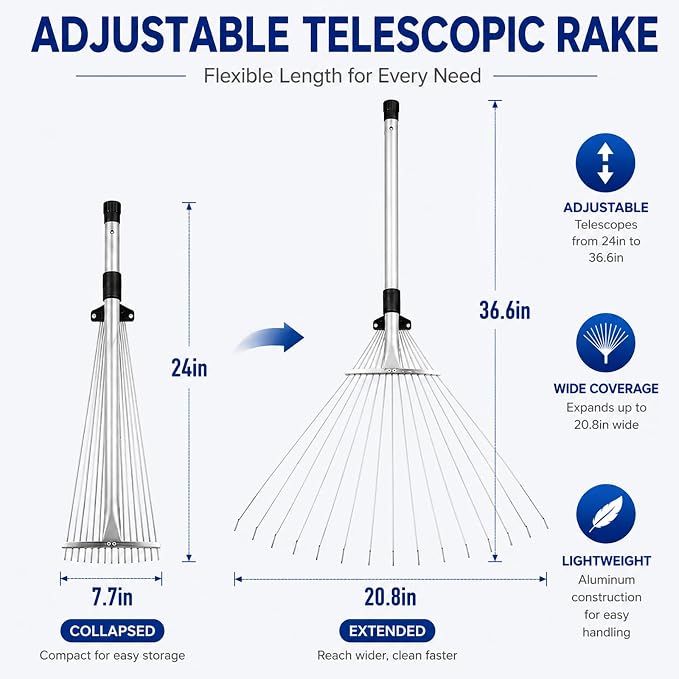 24FT Telescoping Roof Rake, 30FT Reach Leaf Rake for Leaves & Pine Needles | Complete Kit With Gutter Cleaning Attachment, Adjustable Rake Head, Flexible Brush & Storage Bag.
