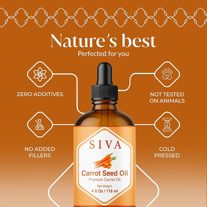SIVA Carrot Seed Carrier Oil, Glass Bottle with Dropper, 4 Fl Oz (118 ml) | Carrot Seed Oil for Face Care, Skin Care, Facial Oil, Hair Care, Scalp Massage, Body Massage, Dilution & DIY Beauty Blends