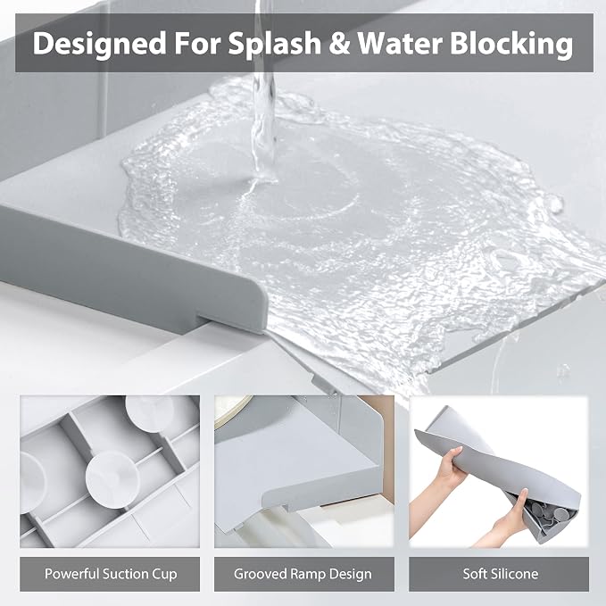 Full-Coverage Sink Splash Guard – 27.6 Inch Extra-High Ramp with Super Strong Suction Cups, Silicone Sink Splash Guard with Front-Edge Storage for Kitchen (Grey, 27.6''x4.7''x2.8'')