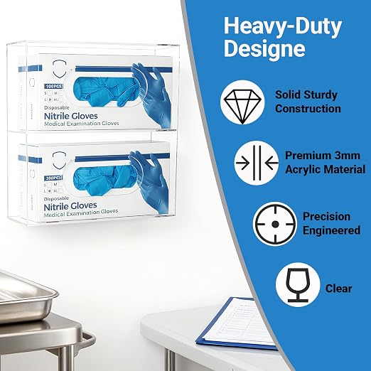 Double Glove Box Holder Wall Mount, Side-Load Acrylic Glove Dispenser - Clear Medical Storage Organizer for Lab, Hospital, Kitchen,- 10 x 3.54 x 10.6 IN - Quick Access & Easy Refill