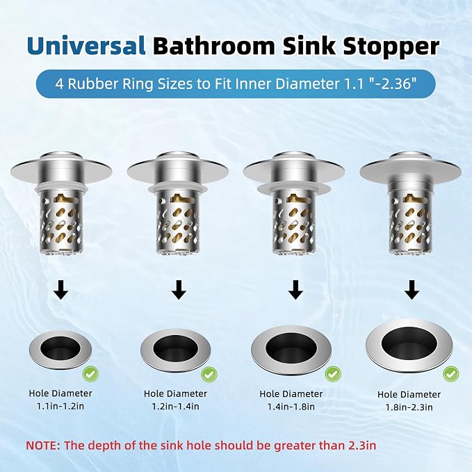 iFealClear 2 Pack All Metal Bathroom Sink Stopper, Pop Up Sink Drain Strainer with Removable Stainless Steel Filter Basket, Universal for 1.1"-2.36" Sink, Brass Bounce Core, Hair Catcher, Chrome