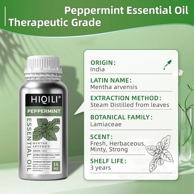 HIQILI Peppermint Essential Oil for Freshening Air, Hair Care & DIY | Refreshing Minty Aroma for Soap Making, SPA & Home Use - 500ml / 16.9 fl oz