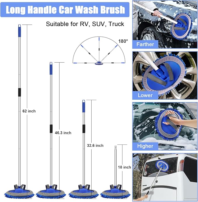 anngrowy 62" Microfiber Car Wash Brush with Long Handle Car Washing Mop Kit Mitt Sponge Car Cleaning Supplies Duster RV Washing Car Brushes, 1 Chenille Scratch-Free Replacement Head (Blue&Yellow)
