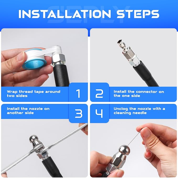 Sewer Jetter Kit for Pressure Washer 100 FT, Drain Cleaner Hose with Power Washer Gun, 1/4 Inch NPT Corner, Rotating and Button Nose Sewer Jetting Nozzle,Waterproof Tape, Pearl Corsage Pin, Spanner