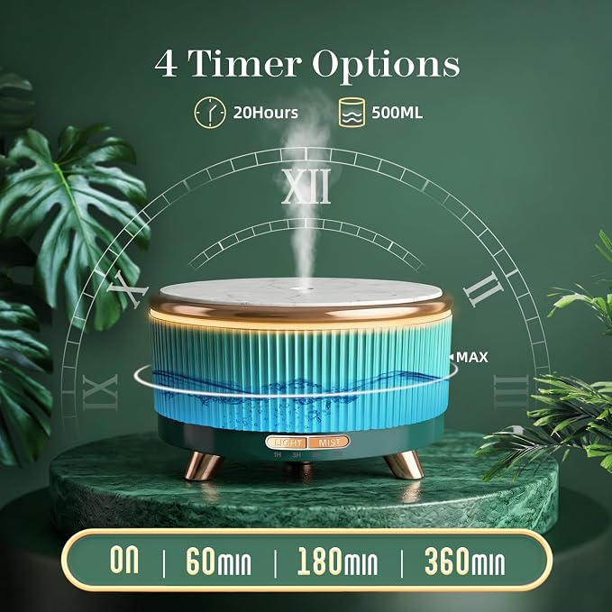 500ml Essential Oil Diffuser, Ultrasonic Aromatherapy Humidifier | with Remote Control, 7-Color LED Light, Timer & Auto Shut-Off, Cool Mist Diffuser for Home, Bedroom, Office (Blue Green)