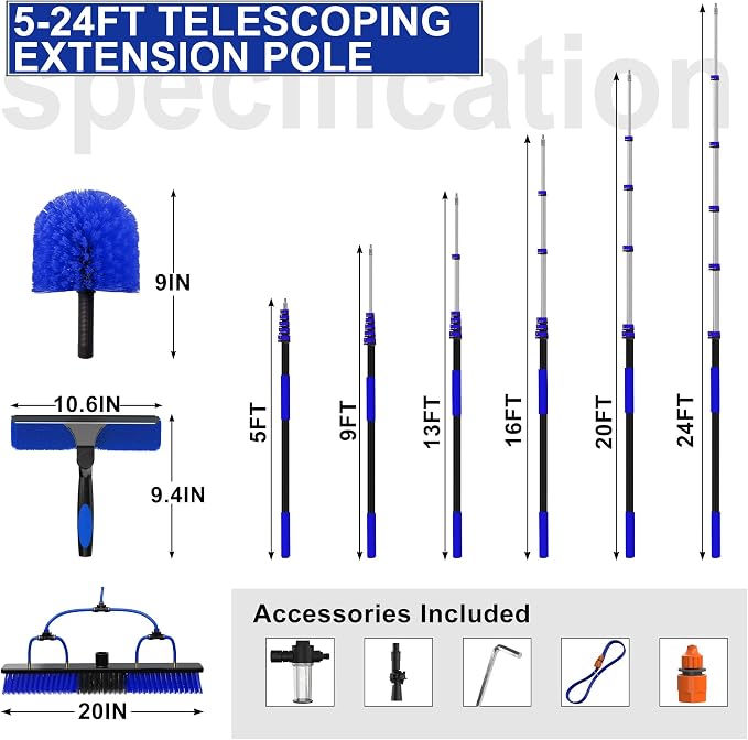 Buyplus 30FT Reach Solar Panel Cleaning Brush Kit with 5-24FT Telescoping Pole, Water Fed Window Cleaner Tool with 20" Brush, Soap Dispenser, Cobweb Duster, Squeegee for Roof, RV, Gutter, Deck,Blue