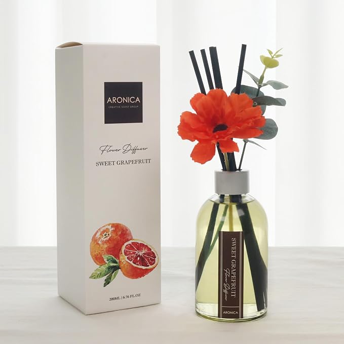 Grapefruit Reed Diffuser, Room Scent Diffuser with Red Flower, Difusor De Varillas, Aesthetic Room Decor, Apartment House Bathroom Essentials, Air Fresheners for Home Long Lasting