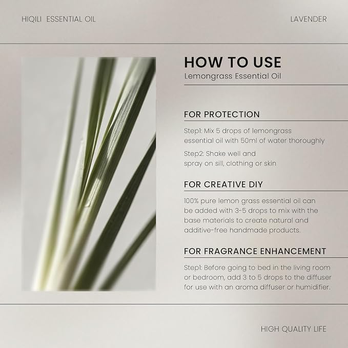HIQILI Lemongrass Essential Oil for Outdoor Protection, Skin | Used For Protective Spray and Cleanses Skin, Ideal For Outdoor Use & Salons - 30mL / 1.01 fl oz