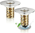 2 Pack 3-in-1 Universal Sink Drain Strainer,Muyiajou Pop Up Stopper with Hair Catcher, Stainless Steel Replacement Plug with Removable Filter Basket for 1.1" to 2.36" Bathroom Sink Basin (2, Gold)