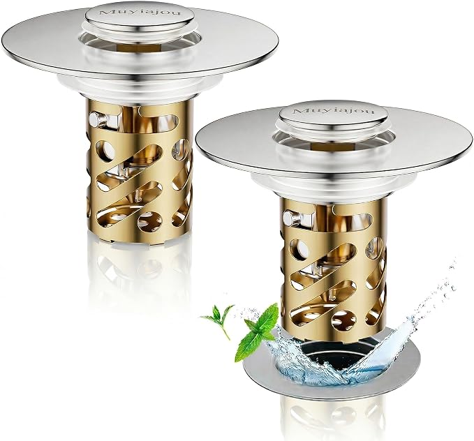 2 Pack 3-in-1 Universal Sink Drain Strainer,Muyiajou Pop Up Stopper with Hair Catcher, Stainless Steel Replacement Plug with Removable Filter Basket for 1.1" to 2.36" Bathroom Sink Basin (2, Gold)