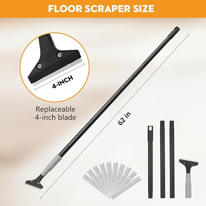 Luvenia Heavy Duty 4-Inch Razor Blade Floor Scraper, 62-Inch Long Handle | 10PCS Extra Metal Blades, Razor Scraper for Cleaning Glass, Floors，Windows, Showers, Tile, Ceilings