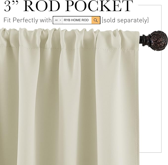 RYB HOME Half Window Curtains - Thermal Insulated Blackout Curtain Tiers Set for Kids Nursery Kitchen Dining Bedroom Bathroom Laundry, 29 inch Wide x 36 inch Long, Beige, 1 Pair