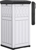 DWVO 36-Gallon Outdoor Trash Can with Fabric Bag, Tiered Lid & Drip Tray, Waterproof Resin Garbage Bin for Patio, Deck, and Backyard, White & Black
