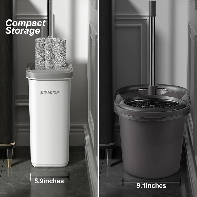 JOYMOOP Flat Mop System, Microfiber Mop and Bucket Set, White, Hands-Free Floor Cleaning Set with Wringer, 60" Handle, Wet and Dry Use, 5 Reusable Pads