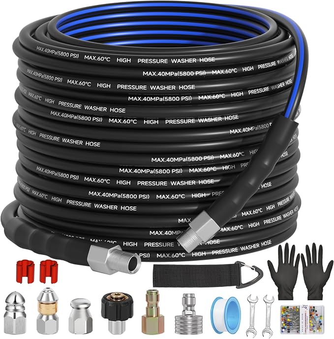 Sewer Jetter Kit for Pressure Washer(100FT),1/4" NPT Drain Cleaner Hose 5800PSI with 3 Sewer Jet Nozzles，Pearl Corsage Pin，Marking Ring,Spray Nozzle，Teflon Tape&Gloves