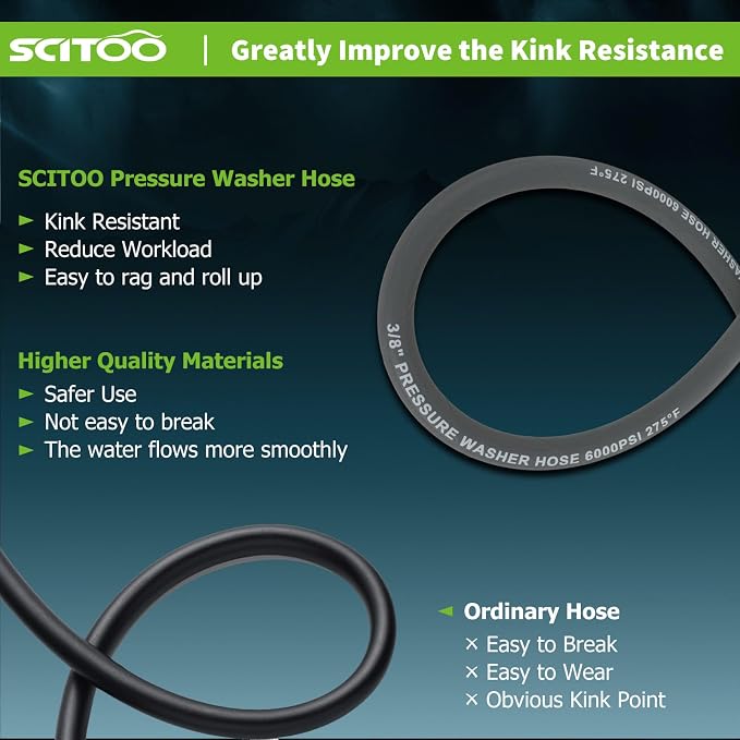 SCITOO 3/8" Pressure Washer Hose 100ft 6000psi 2-Braid Grey Hot Water Pressure Washer Hose