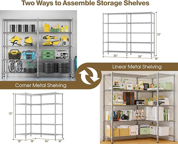 Himimi 72"W Wire Rack Shelving-2000LBS Capacity, Adjustable Storage Shelves Metal Shelves for Storage, 5-Tier Heavy Duty Wire Organizer for Kitchen, Garage, Pantry, 72" W x 18" D x 72" H, Silver Grey