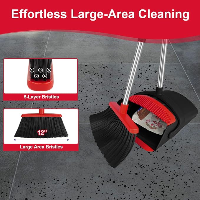 Broom and Dustpan Combo Set, 51" Long Handle with Silicone Squeegee | Wet & Dry Cleaning for Pet Areas, Built-in Comb Dustpan, Foldable Space-Saving Storage, Multi-Surface Floor Cleaning