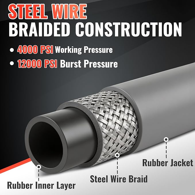 YAMATIC 5/16" Pressure Washer Hose 50FT, 4000 PSI Steel Wire Braided, 212°F Hot Water Power Washer Hose, 3/8" Swivel Quick Connect, M22-14mm to 3/8" Adapters for Simpson, DeWalt, Generac, Troy-Bilt