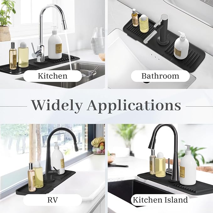 PoYang 17.7 Inch Faucet Mat for Kitchen Sink Splash Guard Behind Faucet, Sink Protectors for Kitchen Sink Faucet Mat Splash Guard for Kitchen Sink Area, Long Silicone Faucet Guard Draining Mat, Black