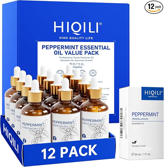 HIQILI Peppermint Essential Oil Set - Wholesale for Business for DIY Sprays | Used for Candles, Soaps, Diffusion, Body Care. For Studio, Spa and Daily Home Use - 30mL / 1 fl oz (12 pack)