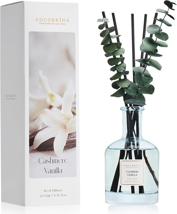 Cashmere Vanilla Reed Diffuser, 6.76 oz | Real Dried Eucalyptus Leaves, 8 Reeds, Long-Lasting Essential Oil, Home Fragrance, Bedroom or Bathroom Décor