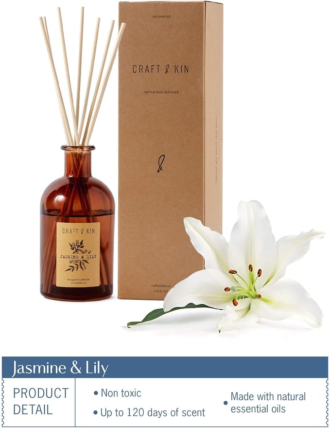Craft & Kin Lily & Jasmine Reed Diffuser – 5.75 oz Essential Oil Diffuser for Home & Bathroom – Up to 120-Day Fragrance with 8 Rattan Scent Sticks – Amber Glass Room Decor