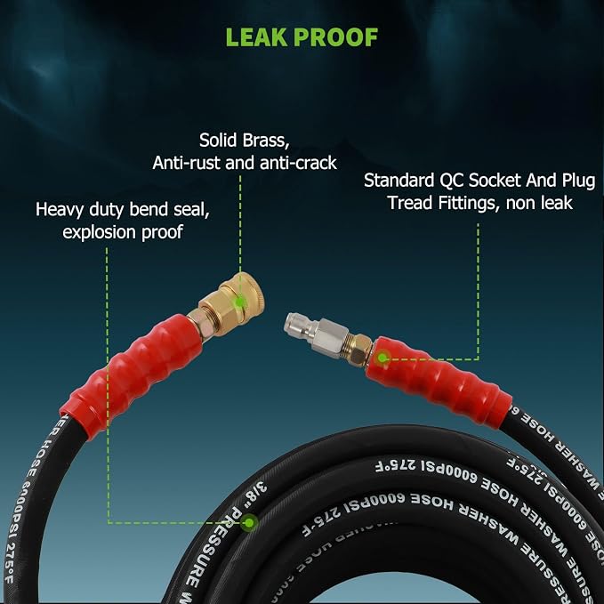 SCITOO 3/8" Pressure Washer Hose 50ft 6000psi 2-Braid Black Hot Water Pressure Washer Hose