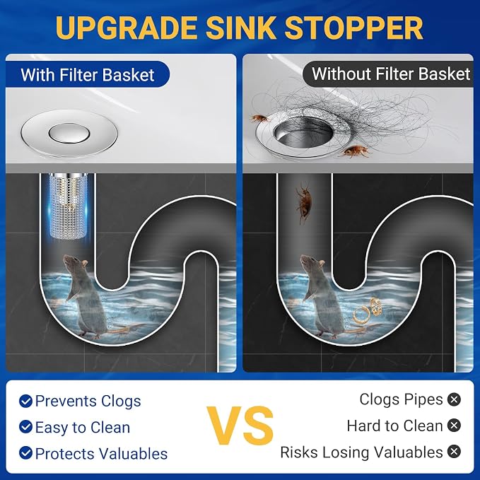 Bathroom Sink Drain Strainer, Pop-Up Bathroom Sink Stopper with Removable Stainless Steel Hair Catcher Basket, Universal Fit for US Bathroom Sinks, Showers & Floor Drains (4pcs)