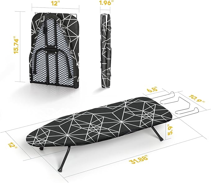 Mini Ironing Board Tabletop Foldable, RAINHOL Space-Saving Iron Board, Compact and Portable for Travel and College, with Hook and Iron Holder, Steel Mesh, 31" x 12", Black and White Stripes