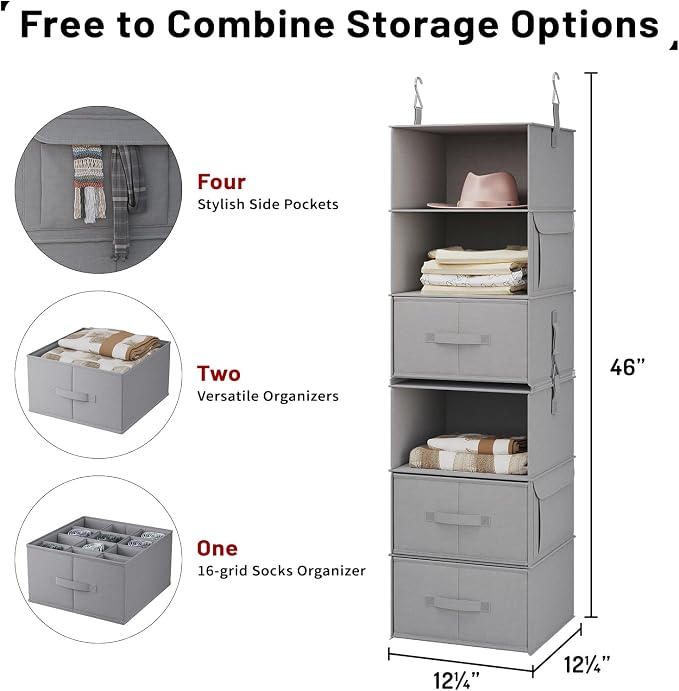 Vailando 6-Tier Hanging Shelves for Closet, Two 3-Shelf Hanging Closet Organizer w/ 4 Side Pockets and 3 Drawers, Combinable for Dorm Wardrobe Organizer and RV Storage and Organization | Converts into Two 3-Shelf Organizers, Foldable Drawers, Side Pock...
