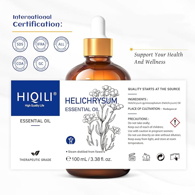 HIQILI Helichrysum Essential Oil for Skin, Massage & Aroma Diffuser | Nourishing Skin, Reducing Fine Lines & Wrinkles, Relieving Body Fatigue, DIY Floral Scent Gift –100mL / 3.38 fl oz