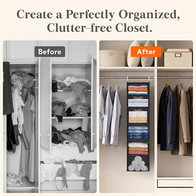 Lifewit 6 Tier Hanging Portable Closet Storage Organizer for Shelves, Black | Foldable Clothes Shelf with 2 Sturdy Hooks, Sweater/Coat/Shoes Clothing Organization for Wardrobe, Dorm, Bedroom