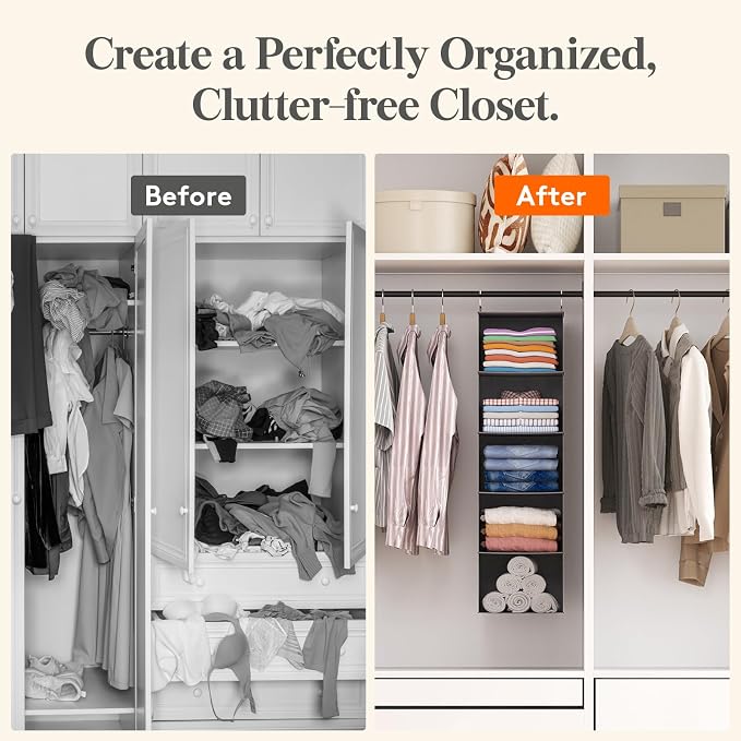 Lifewit 5 Tier Hanging Portable Closet Storage Organizer for Shelves, Gray | Foldable Clothes Shelf with 2 Sturdy Hooks, Sweater/Coat/Shoes Clothing Organization for Wardrobe, Dorm, Bedroom