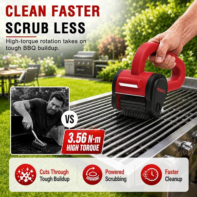 Electric Grill Brush, Rechargeable BBQ Grill Brush with High-Torque Motor, LED Light, Dishwasher-Safe Stainless Steel Rotary Brush Head,150 Mins Runtime Grill Brush for Outdoor Grill