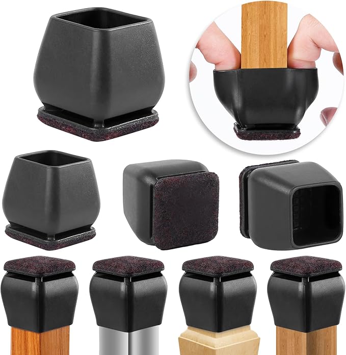 Ezprotekt 24 Pcs Square Silicone Chair Leg Floor Protectors for Wood Floors, Black Felt Furniture Pads Caps, Bar Stool Leg Floor Protectors Covers for Dining Table Chair (Fit 1.1"- 1.45")