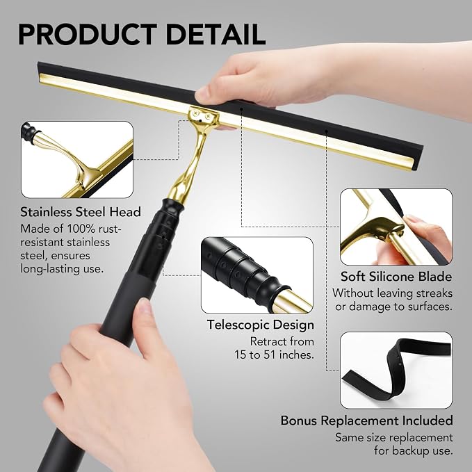 Shower Squeegee with Long Handle, Squeegee for Glass Doors | 15"-51" Telescopic Squeegee for Window Cleaning, Extendable Window Cleaner Tool for Tile Walls, Sliding Door, Car Windshield