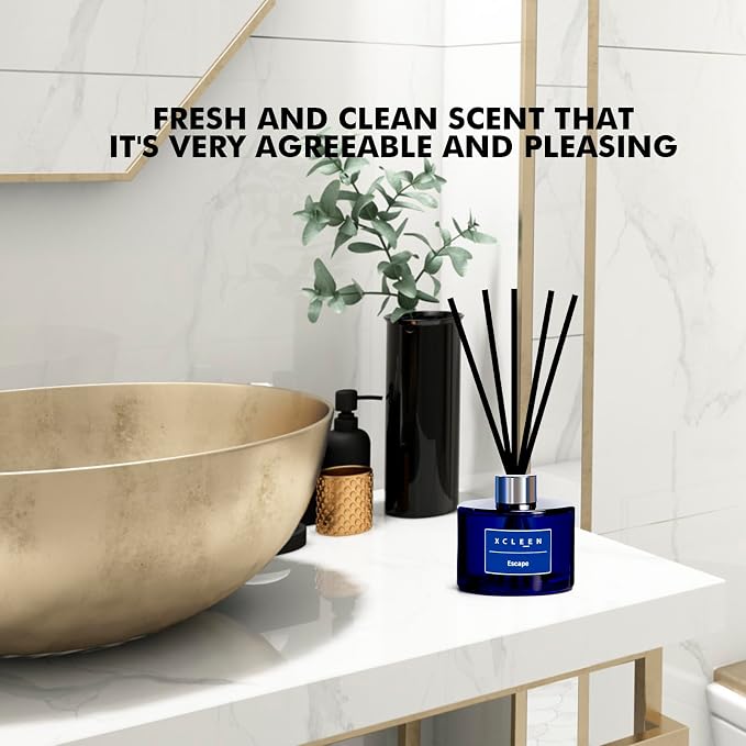 Xcleen Reed Diffuser, 6.7 Oz Escape Scented Diffuser with Sticks, Long Lasting Fragrance Air Freshener, Bathroom Shelf Decor