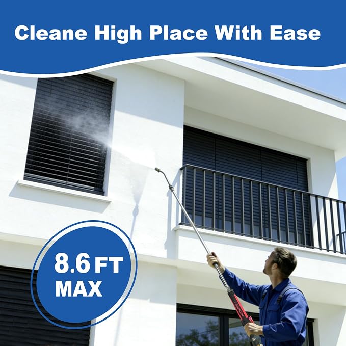 Pressure Washer Extension Wand Gutter Cleaning 8 FT Garden Hose Adapter, Upgarded Soft Handle 6 Nozzle Tips 3 Curved Rod for Gutter, 1/4" M22-14mm Fitting 3/4" GHT Connector DUS2612