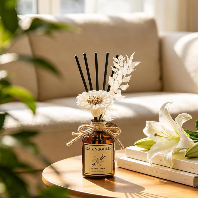 Reed Diffuser Set, Vanilla Cream Scent Diffuser with 10 Sticks & Decorative Flower, Long Lasting Diffusers for Home Fragrance, Vintage Decor for Bathroom Bedroom Office Shelf, 5 Fl.oz