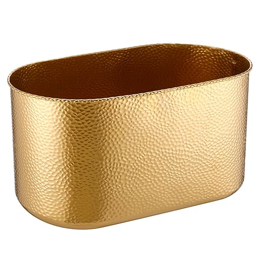 Gold Metal Oval Trash Can Wastebasket for Bathroom, Decorative Garbage Can Trash Bin for Kitchen Bedroom Home Office, Stainless Steel (12.6 x 7.09 x 6.3 Inches)