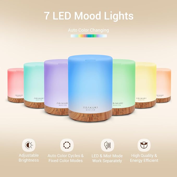 ASAKUKI Essential Oil Diffuser for Home 300 ml Quiet | Automatic Shut-Off, Aromatherapy Diffuser, 7 LED Lights for Living Room, Kitchen, Bedroom, Hotel - Light Brown