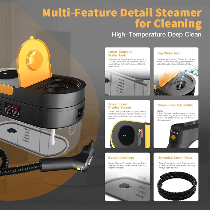 Gautye Steam Cleaner, 3 Level Adjustable Handle Yellow | 1.69 Quarts Tank, 15s Heat Up, Handle Steam Cleaner for Home, Steamer for Cleaning for Kitchen