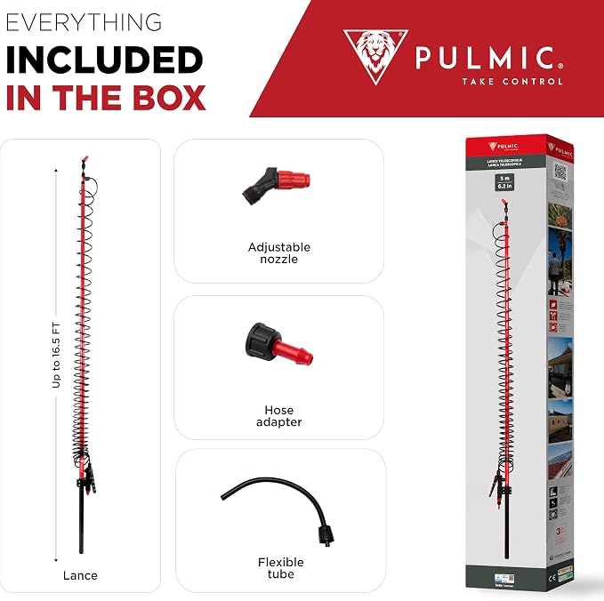 PULMIC Extensible Telescopic Sprayer Lance 16.4ft with Adjustable Nozzle - Ideal for Pesticides, Fertilizers, Roof & Gutter Cleaning, Tree & Garden Applications - Lightweight, High Reach Sprayer