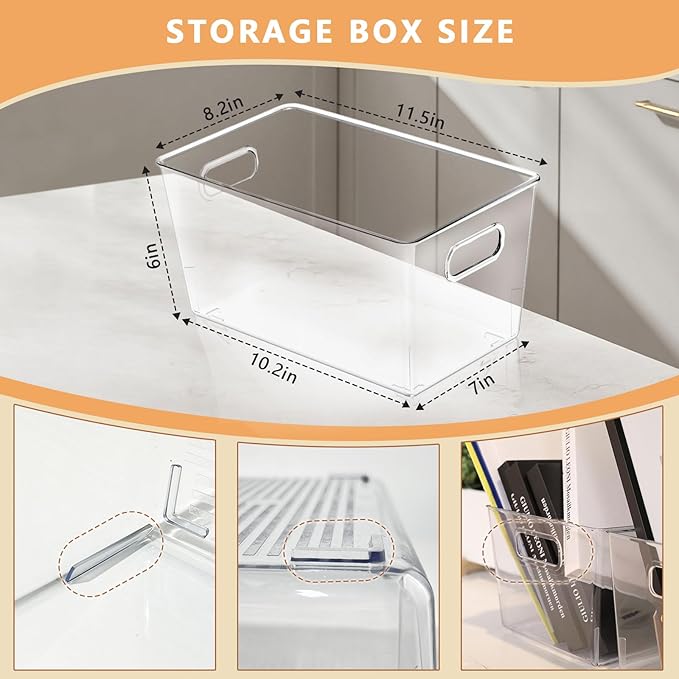 MOONEDGE 6-Pack Clear Plastic Storage Bins — Open-Top PET Storage Containers & Organizers, 11" x 8" x 6" Storage Bins for Closet, Pantry, Office, Craft, Toy and Bathroom Organization