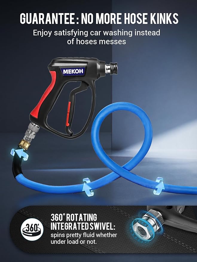 MEKOH Short Pressure Washer Gun with Swivel, 5000 PSI High Power Washer Spray Gun, 10 GPM Foam Gun with 3/8" Quick Connect, M22-14mm for Extension Wand, Hose, Pressure Washer Handle with 5 Nozzle Tips