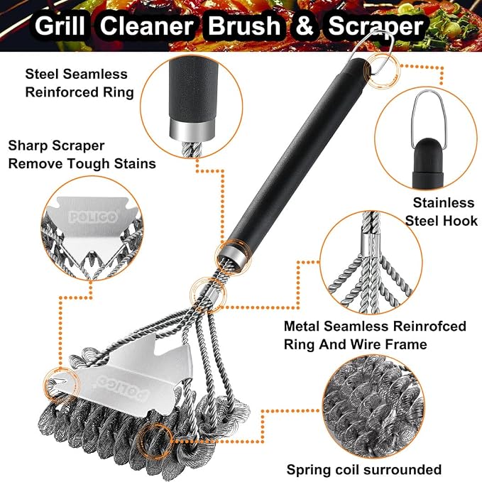 POLIGO BBQ Grill Cleaning Brush Bristle Free & Scraper - Triple Helix Design Barbecue Cleaner - Non-Bristle Grill Brush and Scraper Safe for Gas Charcoal Porcelain Grills - Ideal Grill Tools Gift